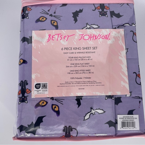 New Betsey Johnson Purple Halloween 2024 King Size Sheet Set Cats & Bats - Picture 2 of 4